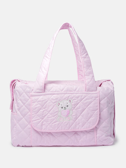 Baby Quilted Teddy Bear Changing Bag - Baby Pink