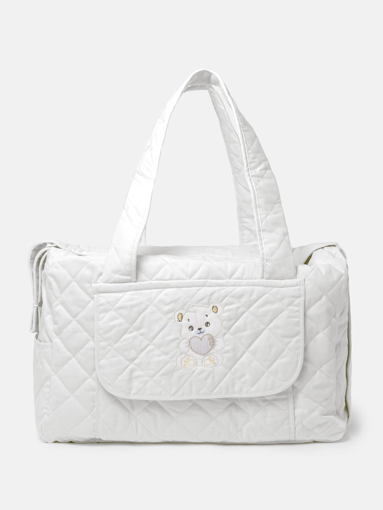 Baby Quilted Teddy Bear Changing Bag - White