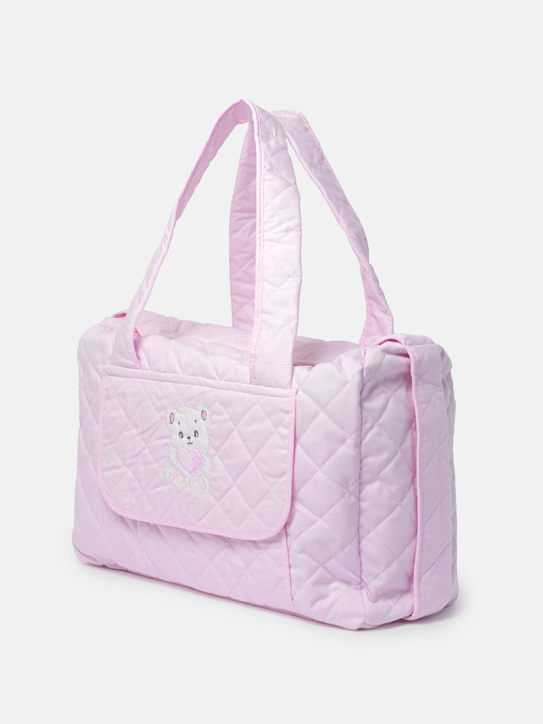 Baby Quilted Teddy Bear Changing Bag - Baby Pink