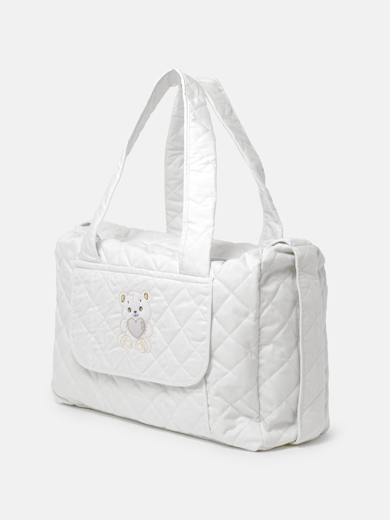 Baby Quilted Teddy Bear Changing Bag - White
