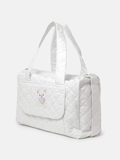 Baby Quilted Teddy Bear Changing Bag - White