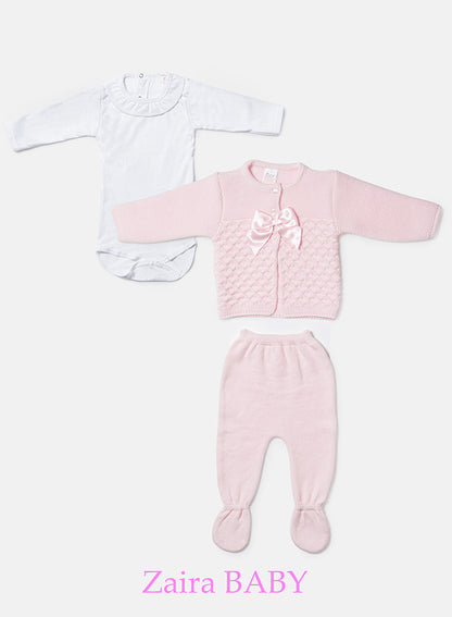 Zaira Collection 3-Piece Knitted Set Baby & Toddler – Baby Pink