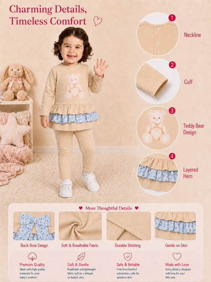 Baby Girl Top & Leggings Set - Teddy Bear Collection - Beige