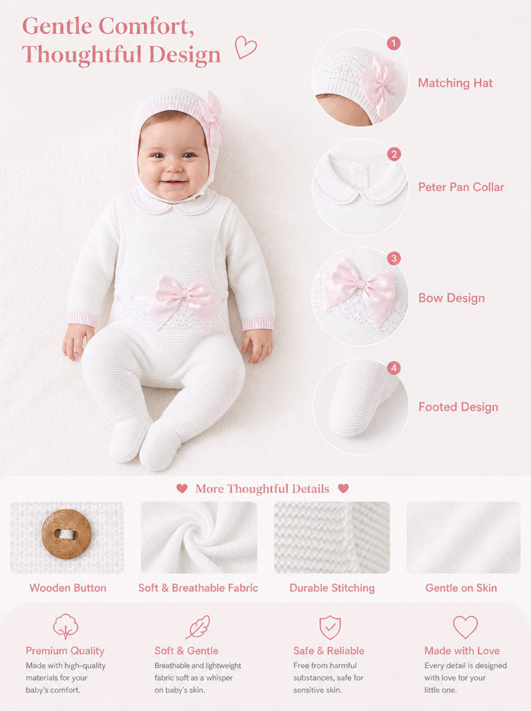 Baby Girl Xenia Collection 3-piece Knitted Dungaree Set - White & Baby Pink