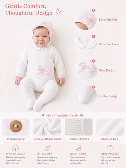 Baby Girl Xenia Collection 3-piece Knitted Dungaree Set - White & Baby Pink
