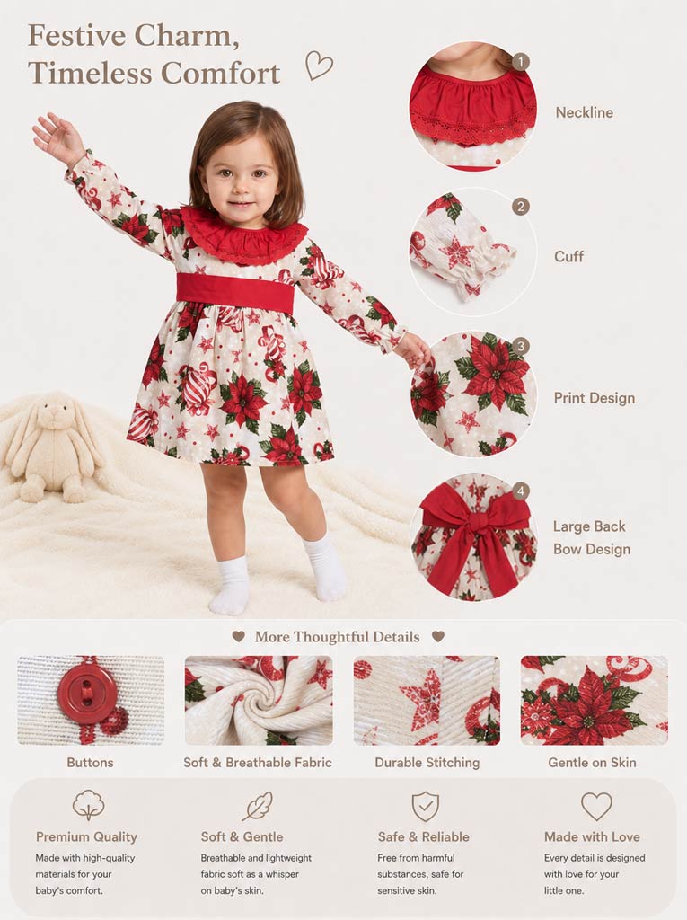 Baby Girl Navidad Collection Dress with Festive Print - Red