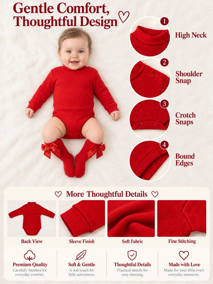 Baby Turtle Neck Cotton Long Sleeve Bodysuit - Red