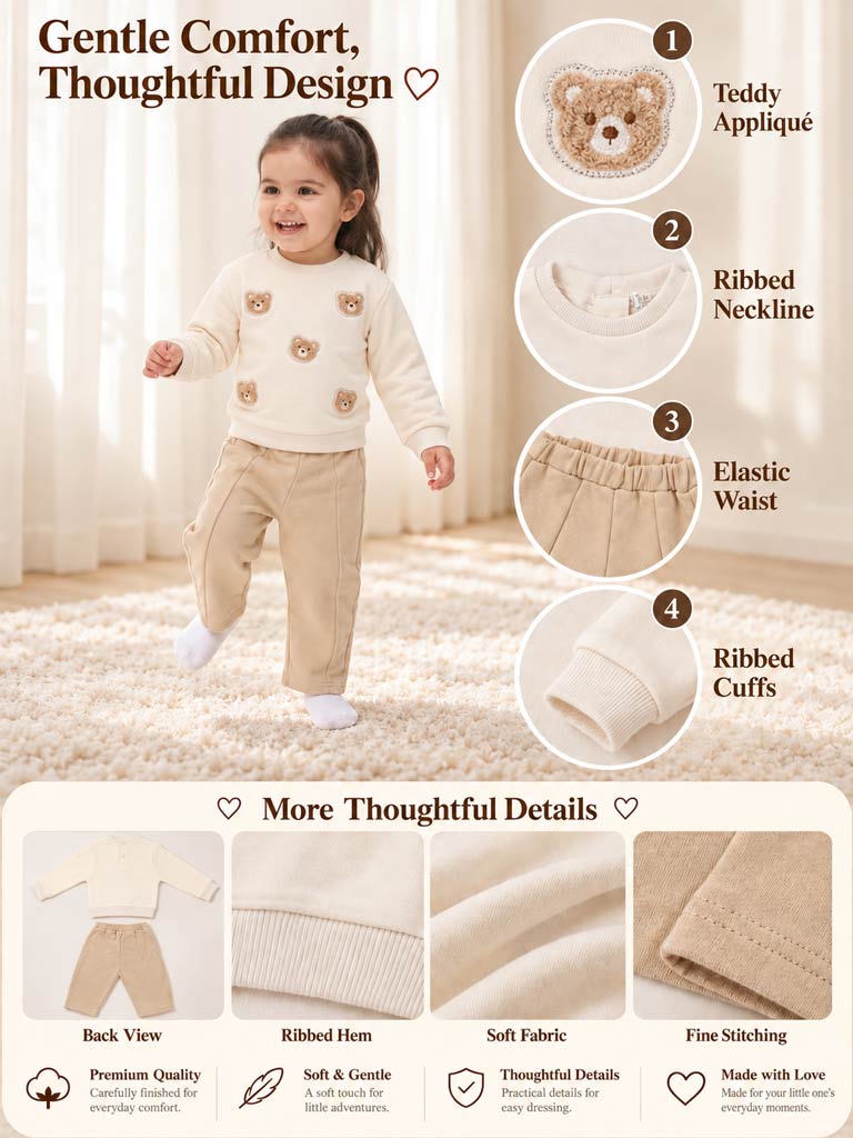 Baby Girl Silvia Collection 2-Piece Tracksuit Set with Diamond Teddy Design - Beige