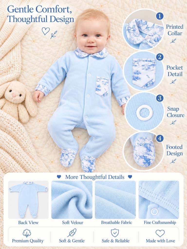 Velour Baby Grow with Printed Pocket - Safari Collection - Baby Blue