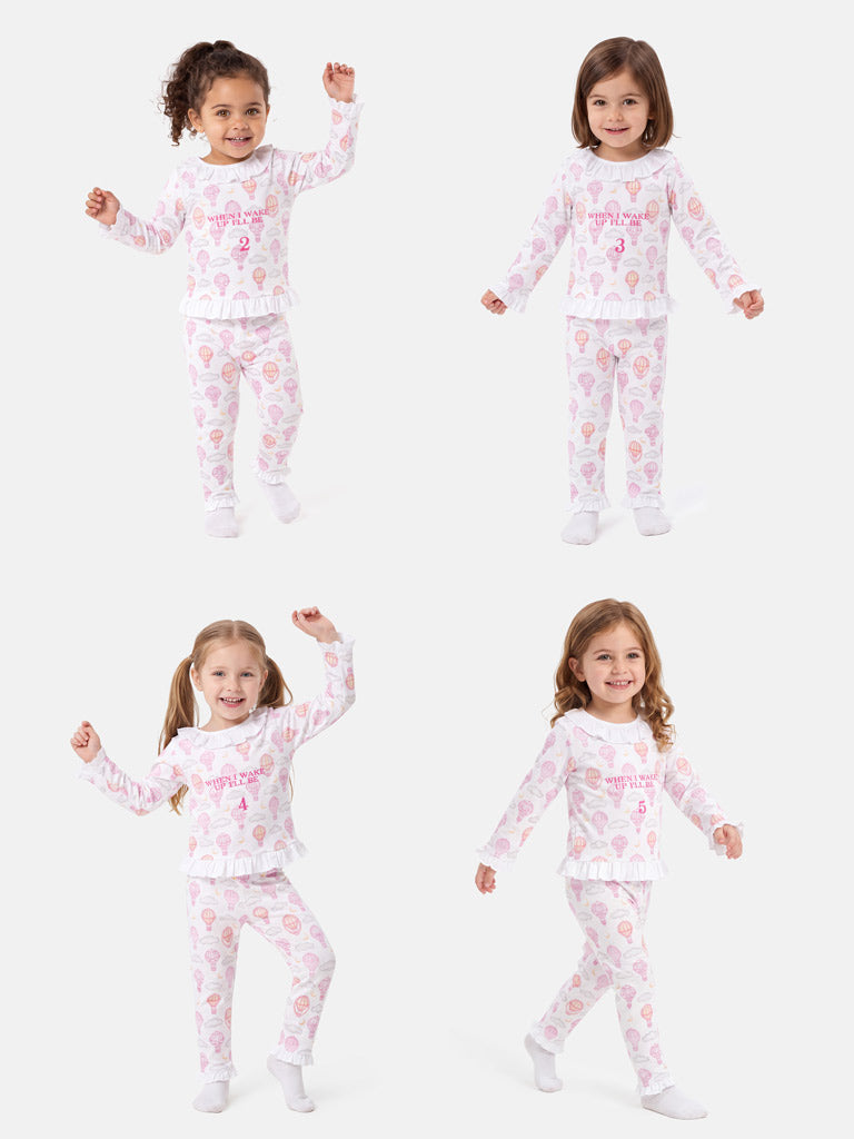 "When I Wake Up" Embroidered Girl 2-Piece Pyjama Set - Hot Air Balloon Collection - Baby Pink