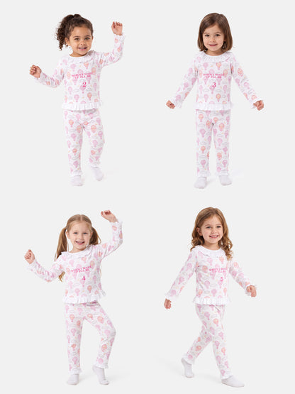 "When I Wake Up" Embroidered Girl 2-Piece Pyjama Set - Hot Air Balloon Collection - Baby Pink