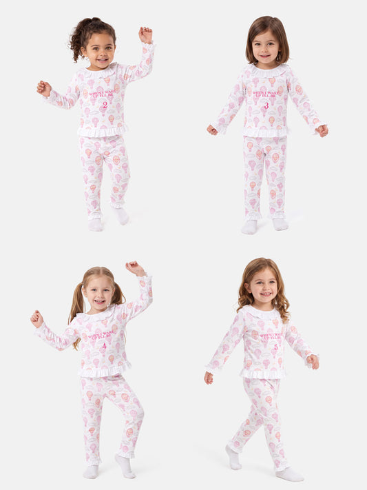 "When I Wake Up" Embroidered Girl 2-Piece Pyjama Set - Hot Air Balloon Collection - Baby Pink