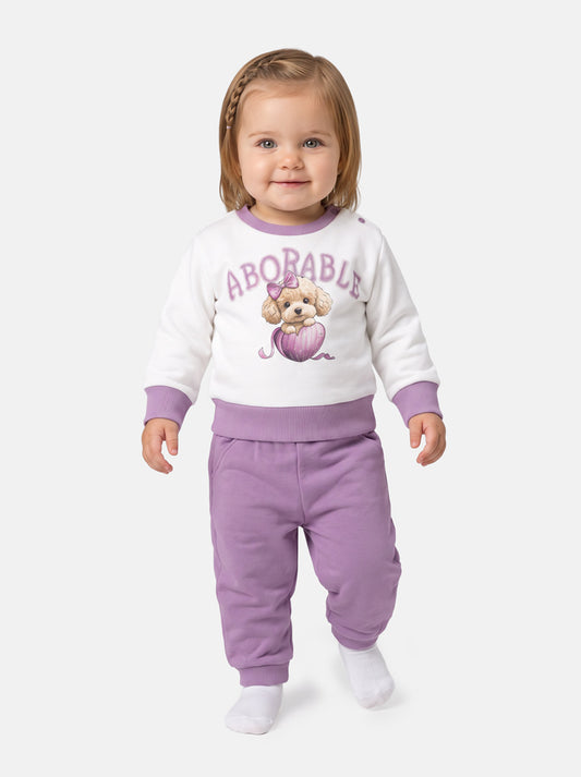 Baby Girl Chiara Collection 2-Piece Tracksuit Set with Adorable Dog Design - Lilac