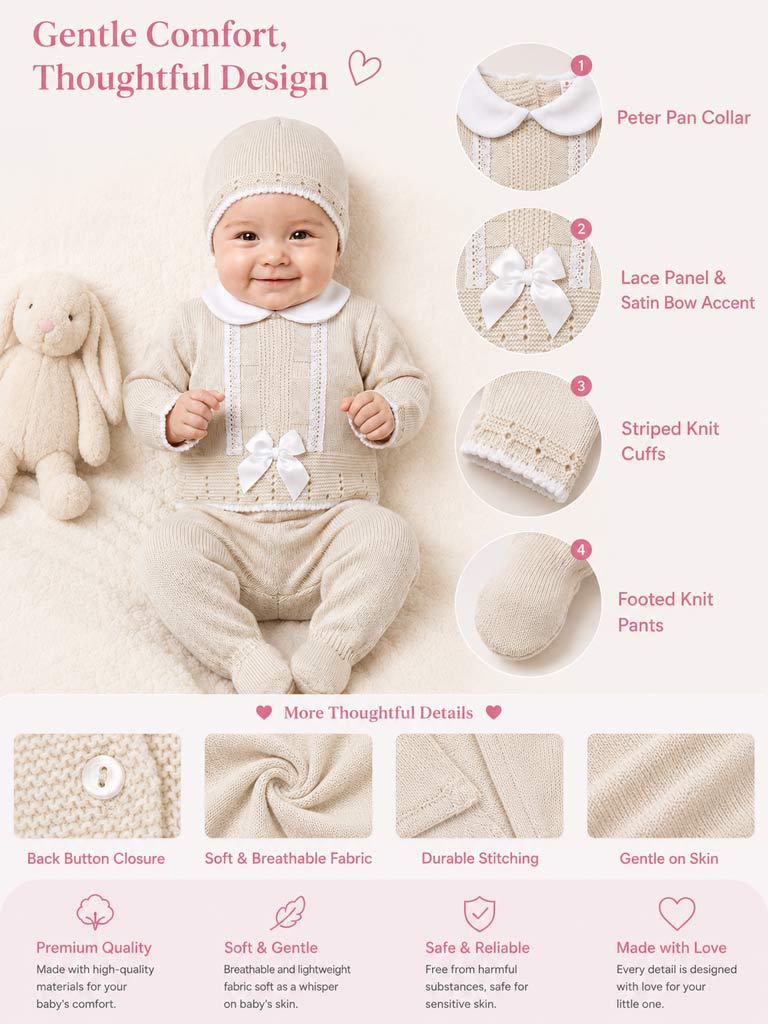 Baby Girl Lace Panel 3-piece Knitted Gift Box Set - Beige