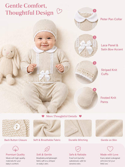 Baby Girl Lace Panel 3-piece Knitted Gift Box Set - Beige