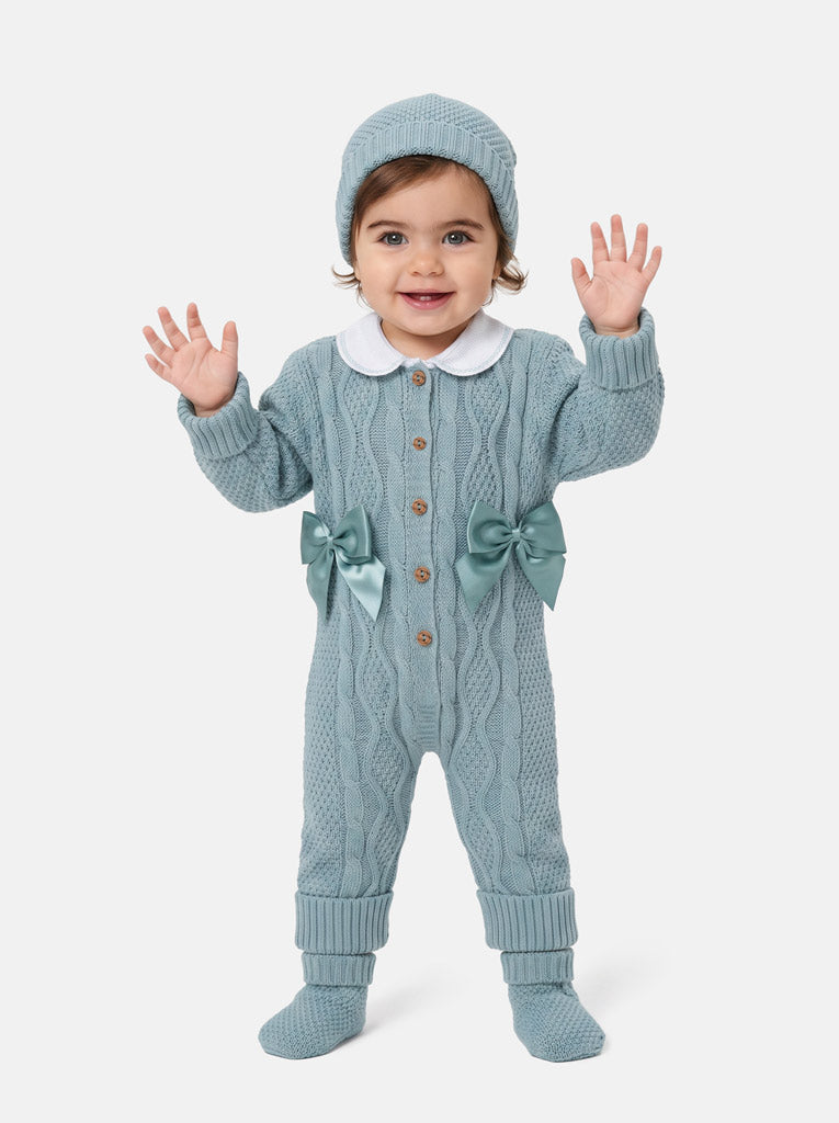 Baby Girl Gabriela Collection All-In-One Knitted 3-Piece Set + Bows - Mint Green