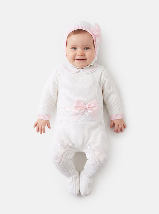 Baby Girl Xenia Collection 3-piece Knitted Dungaree Set - White & Baby Pink
