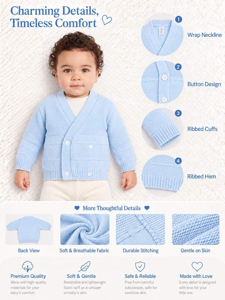 Baby Knitted Cardigan with Raised Stitch Detail & Gift Box - Baby Blue