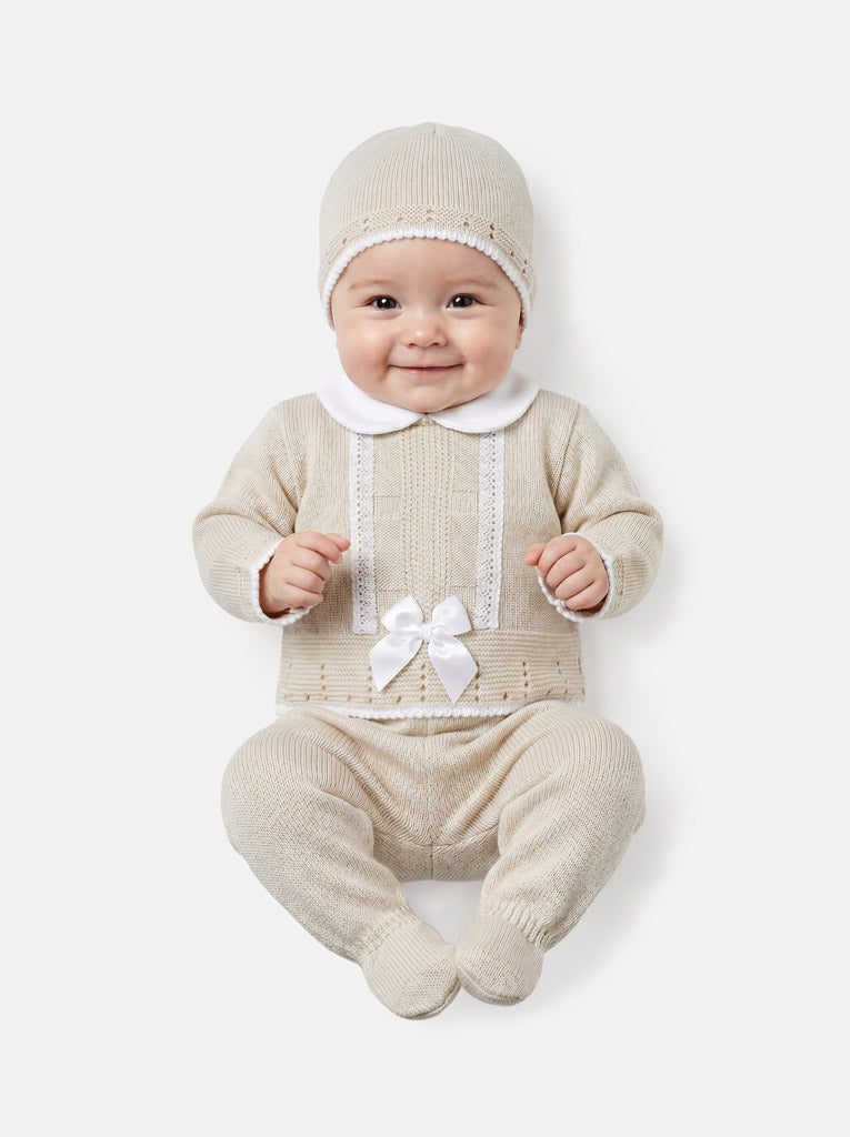Baby Girl Lace Panel 3-piece Knitted Gift Box Set - Beige