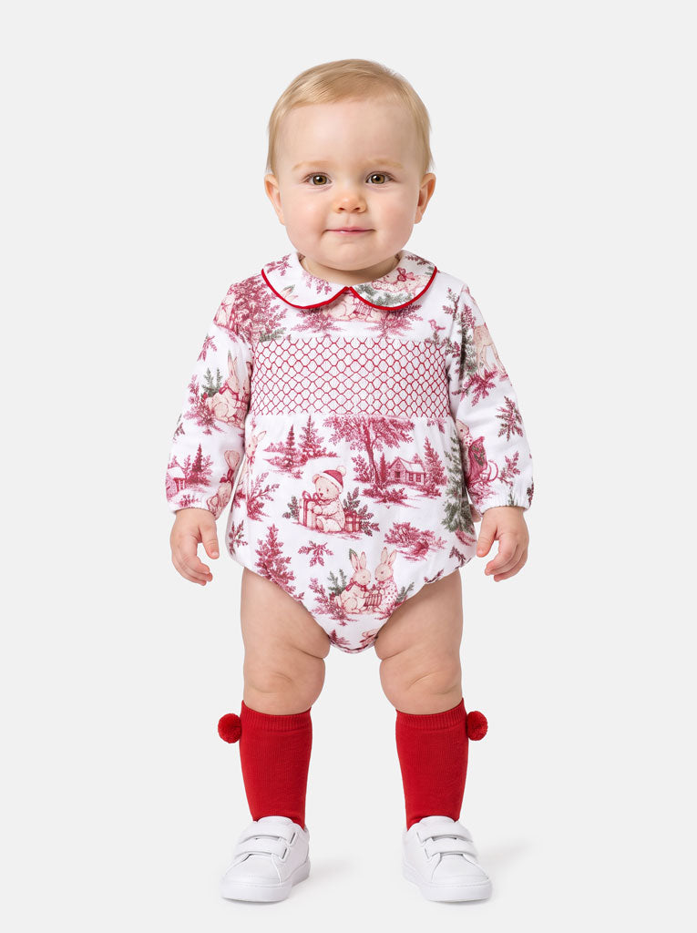 Baby Long Sleeve Smocked Romper - Christmas Print Collection - LIMITED EDITION