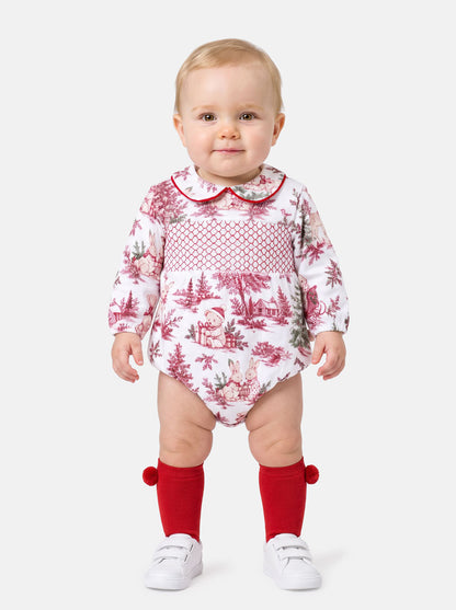 Baby Long Sleeve Smocked Romper - Christmas Print Collection - LIMITED EDITION