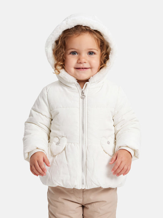 Baby Girl Padded Hooded Coat with Hearts Applique - White
