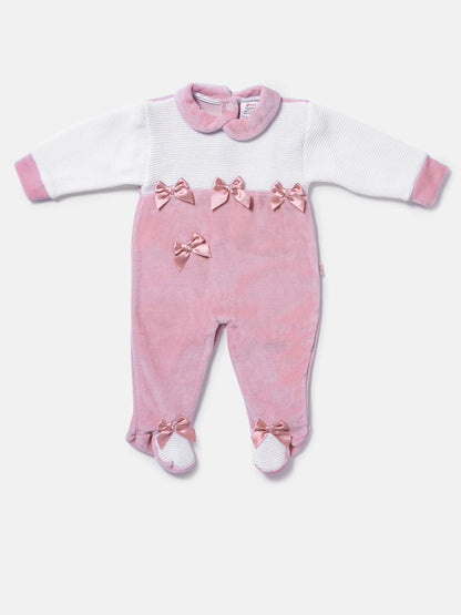 Baby Grow for Girls with Half-Knit Detail & 4 Satin Bows - Dusty Pink
