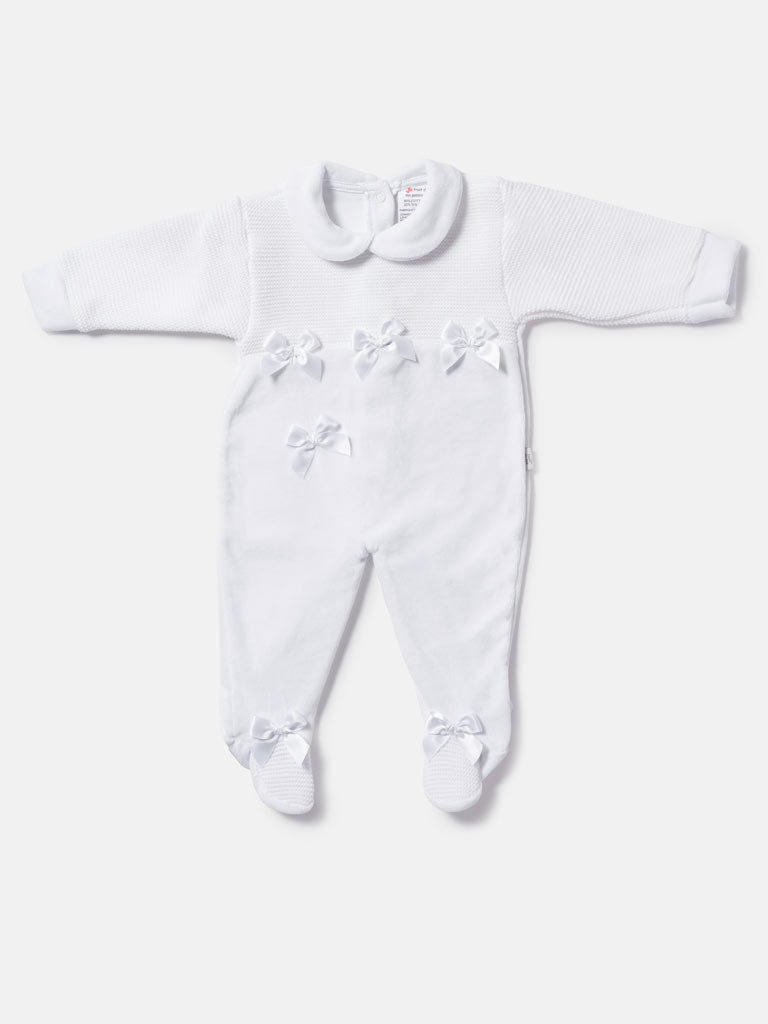 Baby Grow with Half-Knit Detail & 4 Satin Bows - White
