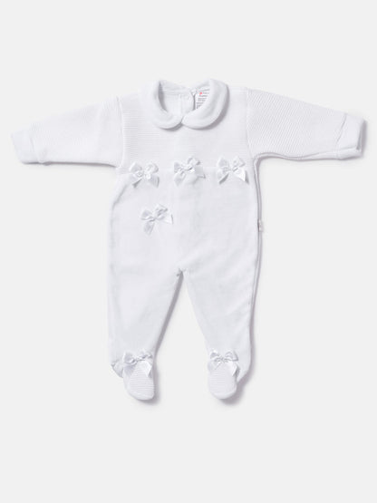 Baby Grow with Half-Knit Detail & 4 Satin Bows - White