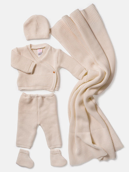 Baby 4-Piece Knitted Set + Blanket for Embroidery - Beige