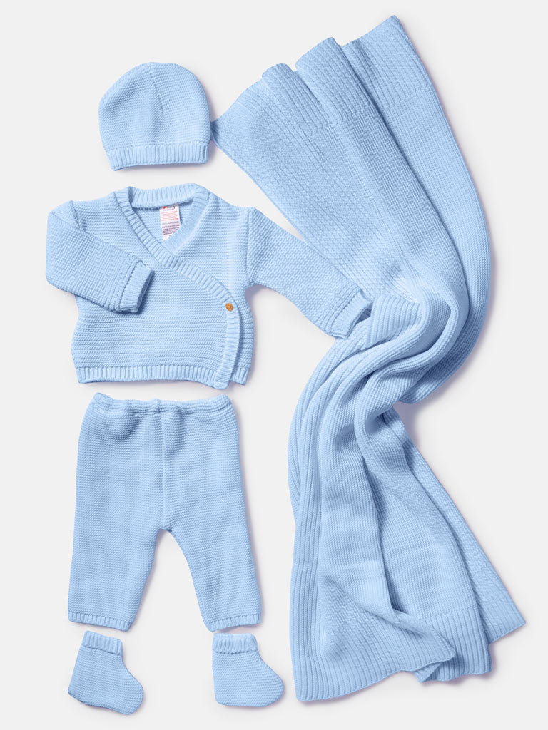 Baby 4-Piece Knitted Set + Blanket for Embroidery - Baby Blue