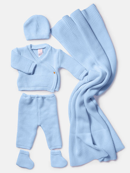 Baby 4-Piece Knitted Set + Blanket for Embroidery - Baby Blue