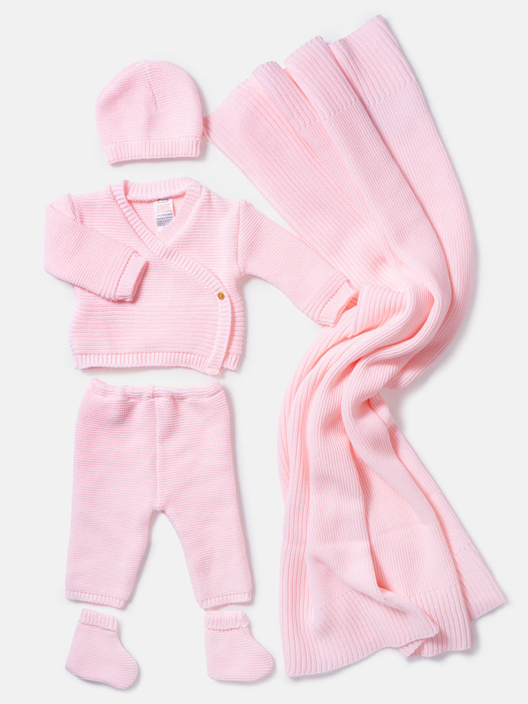 Baby 4-Piece Knitted Set + Blanket for Embroidery - Baby Pink