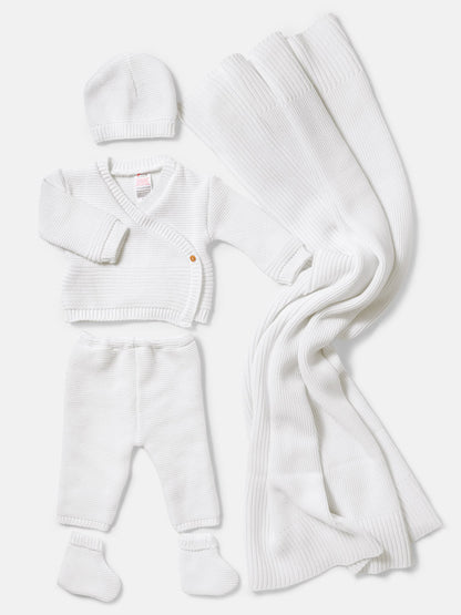 Baby 4-Piece Knitted Set + Blanket for Embroidery - White
