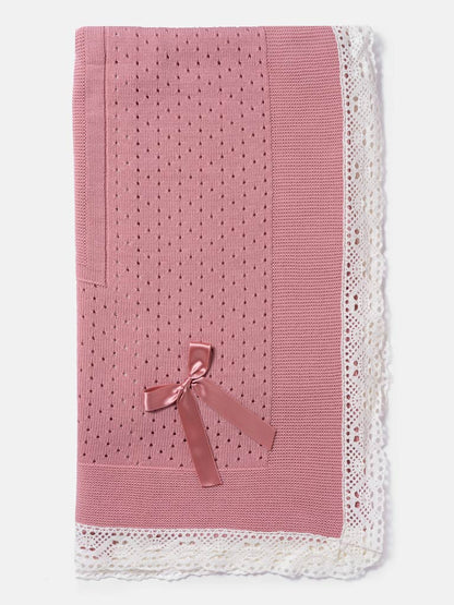 Baby Open Dot Knitted Spanish Blanket with Bow - Dusty Pink