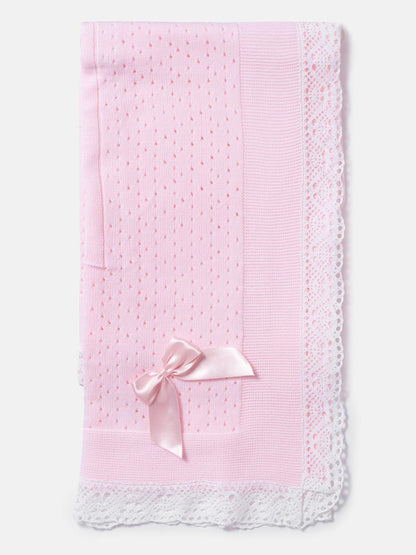 Baby Open Dot Knitted Spanish Blanket with Bow - Baby Pink