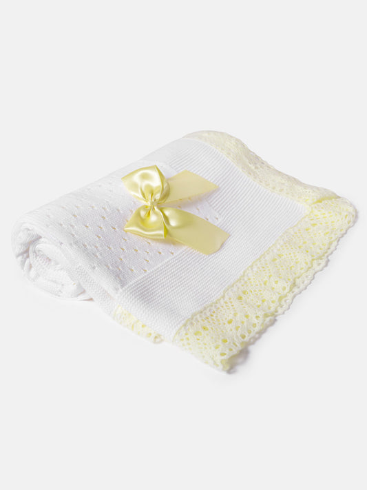 Baby Open Dot Knitted Spanish Blanket with Bow - White & Yellow Lace