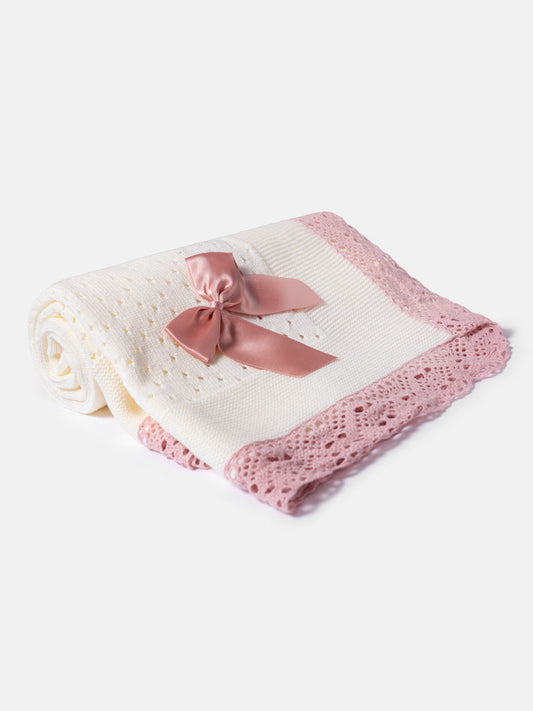 Baby Open Dot Knitted Spanish Blanket with Bow - Ivory & Dusty Pink