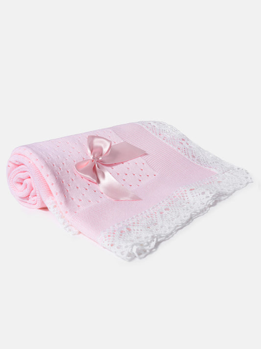 Baby Open Dot Knitted Spanish Blanket with Bow - Baby Pink