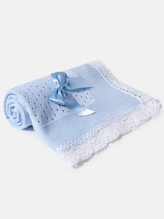 Baby Open Dot Knitted Spanish Blanket with Bow - Baby Blue
