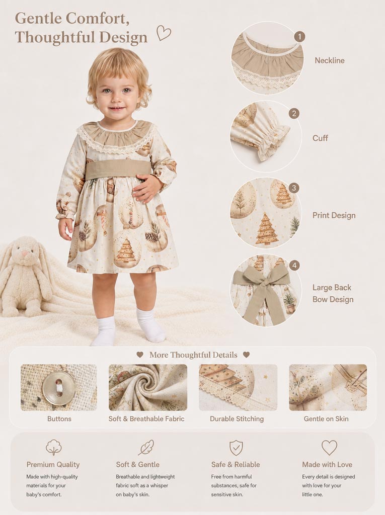 Baby Girl Navidad Collection Dress with Festive Print - Beige