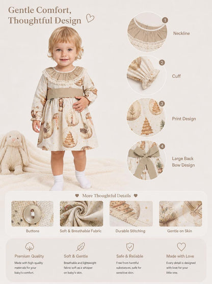 Baby Girl Navidad Collection Dress with Festive Print - Beige