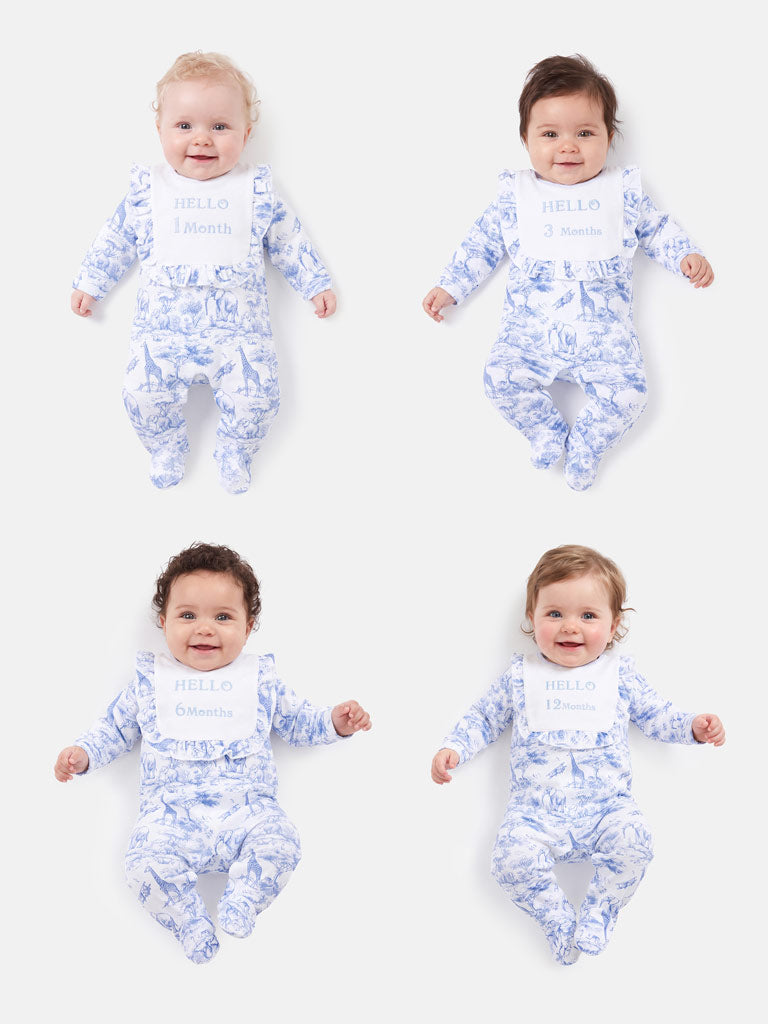 "Hello 1,3,6,12 Months" Embroidered Baby Grow with Frilled Bib - Safari Collection - Baby Blue