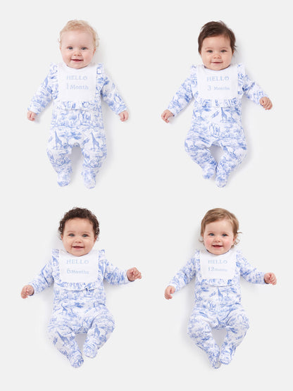 "Hello 1,3,6,12 Months" Embroidered Baby Grow with Frilled Bib - Safari Collection - Baby Blue
