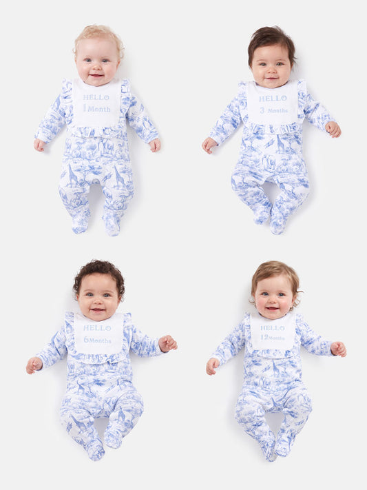 "Hello 1,3,6,12 Months" Embroidered Baby Grow with Frilled Bib - Safari Collection - Baby Blue