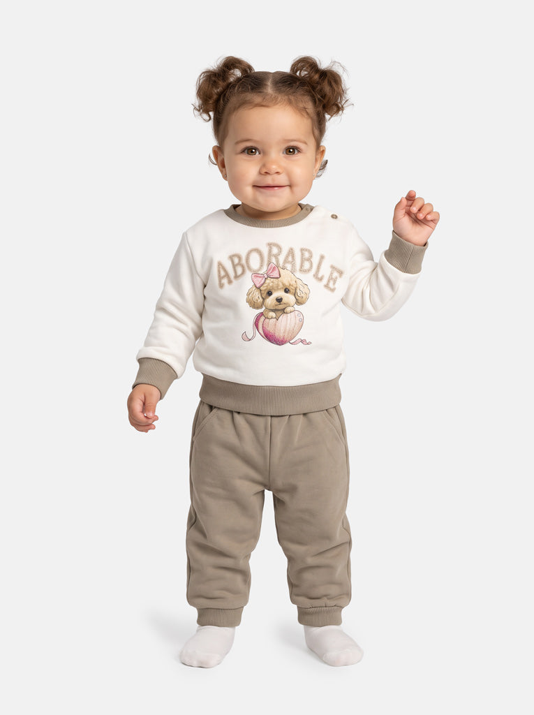 Baby Girl Chiara Collection 2-Piece Tracksuit Set with Adorable Dog Design - Beige