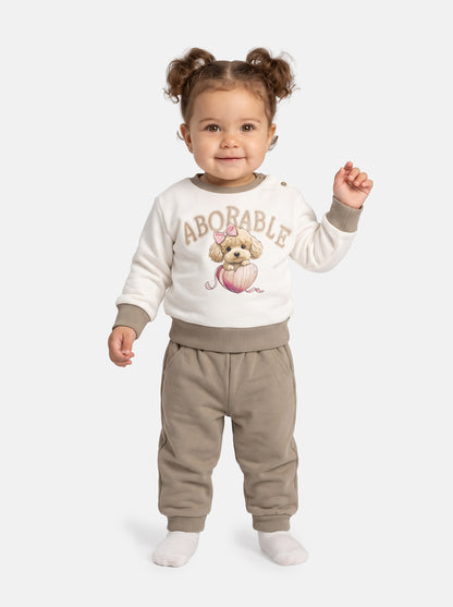 Baby Girl Chiara Collection 2-Piece Tracksuit Set with Adorable Dog Design - Beige