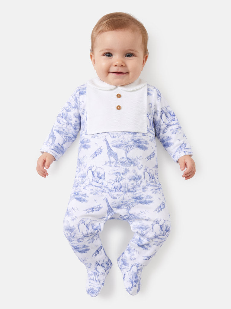 Velour Baby Grow with Buttons & Peter Pan Collar - Safari Collection - Baby Blue