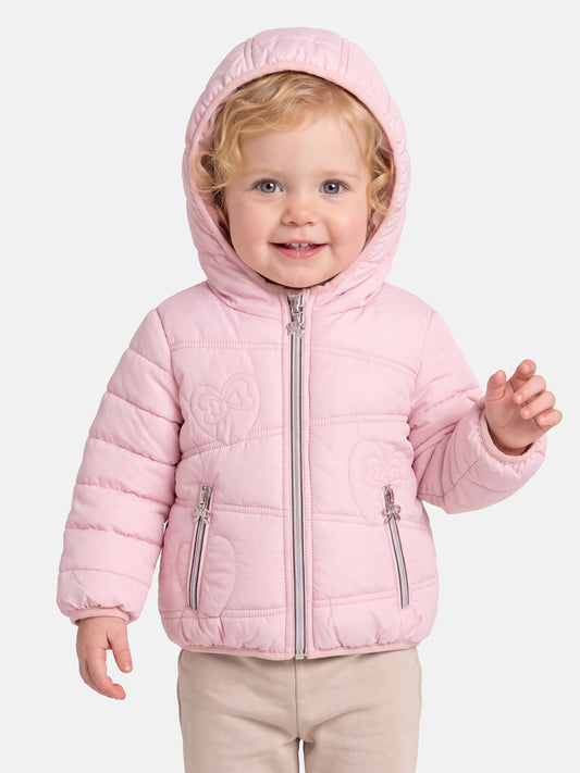 Baby Girl Padded Hooded Coat with Heart Pattern - Baby Pink