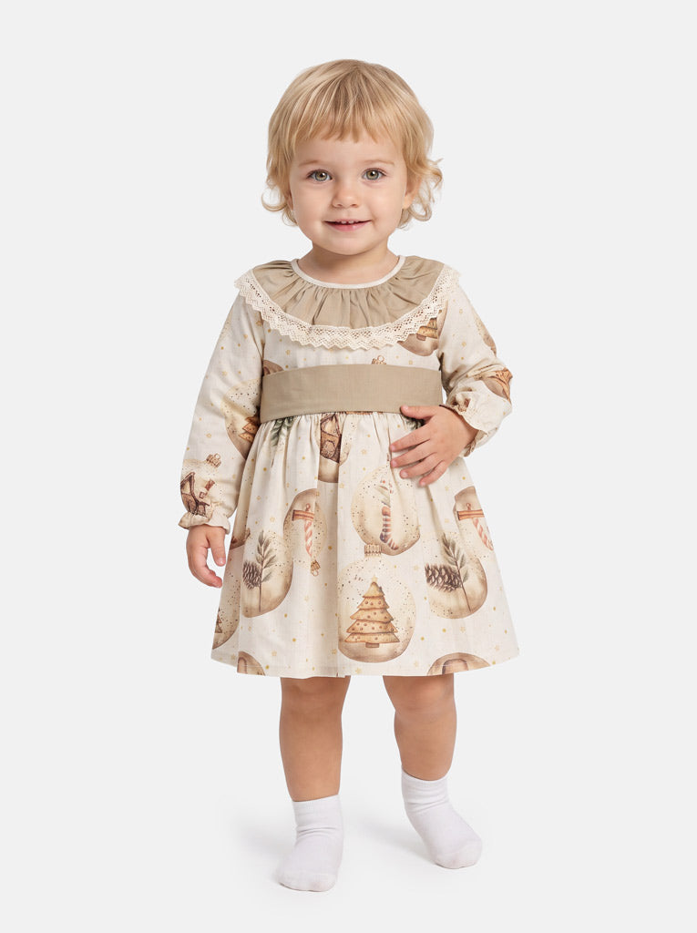 Baby Girl Navidad Collection Dress with Festive Print - Beige